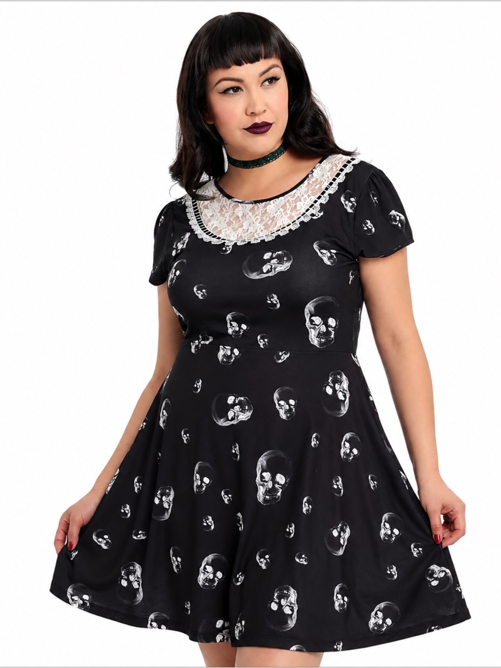 Hot Topic Midnight Hour Skull Print Lace Bib Skater‎ Dress NWT